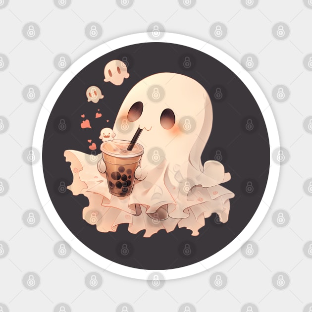 Spooky Sheet Ghost enjoying boba tea on Halloween Magnet by Lunatic Bear